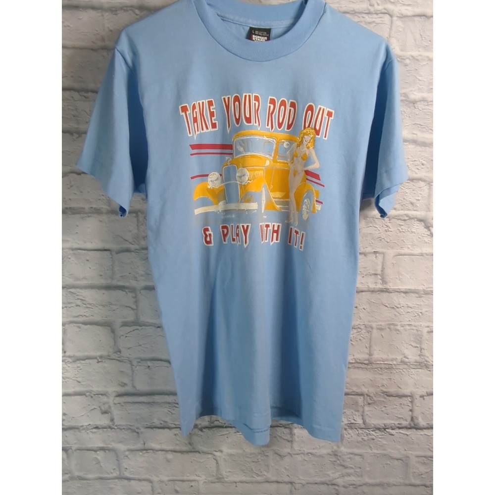 Vtg Pin Up Hot Rod Graphic T-Shirt Mens L 1989 "Take Your Rod Out Play W/ It"